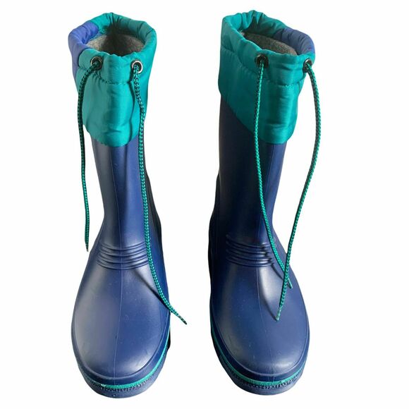 Vintage LL Bean Womens Blue Rubber Insulated Pull On Rain Wellies Boots Size 5